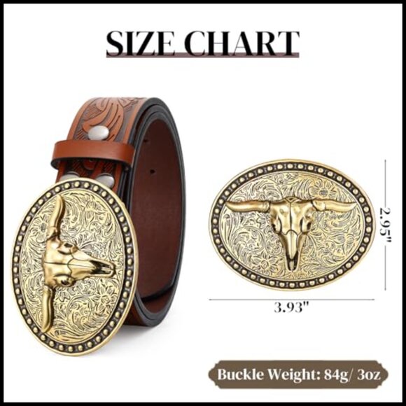 Western Leather Belt with Bull Buckle for Jeans